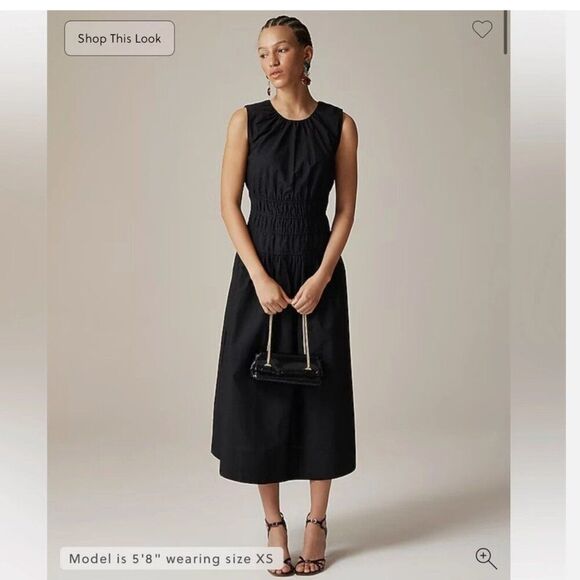 J. Crew Sleeveless Midi Dress Poplin Cotton Black Smocked Size Small Petite‎